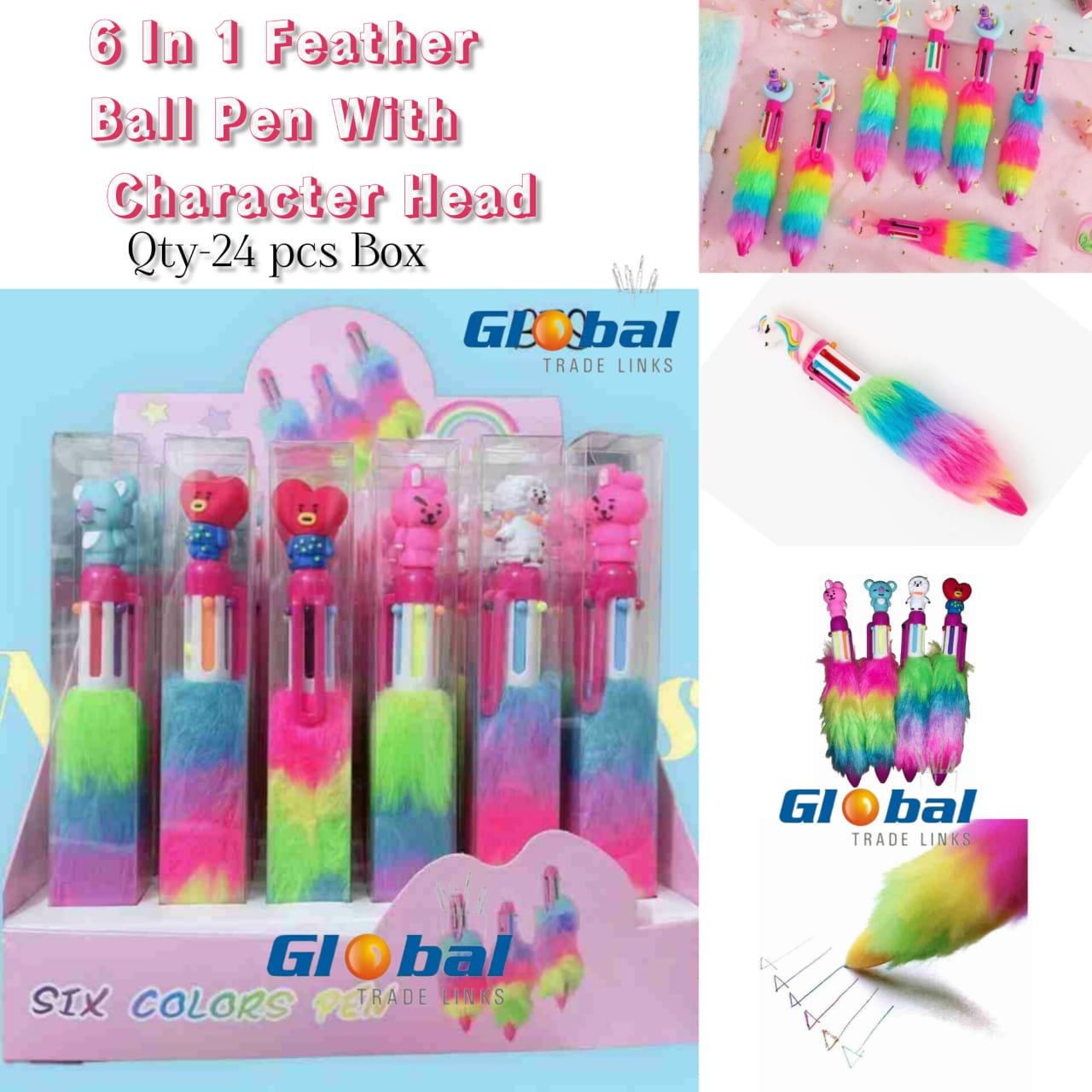 c6d989cb-7e23-48af-8938-bfd7c99a1567.jpg 6 In 1 Feather Ball Pen With Character Head - Image 1